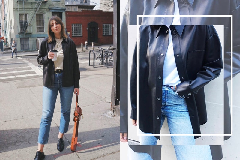 leather shirt and denim jeans