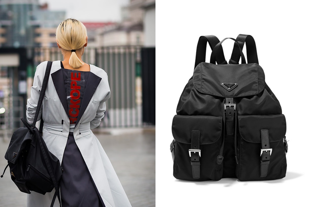 Prada Vela Large Leather-Trimmed Shell Backpack street style