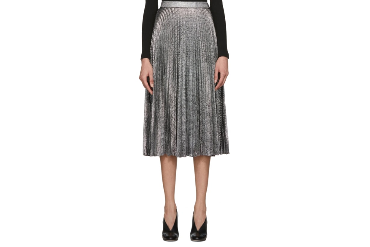 Christopher Kane Black & Silver Lamé Mesh Pleated Skirt