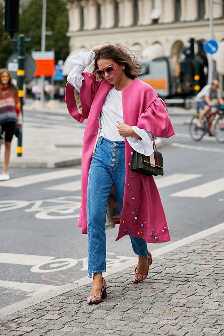 Jeans Pink Coat Street Style