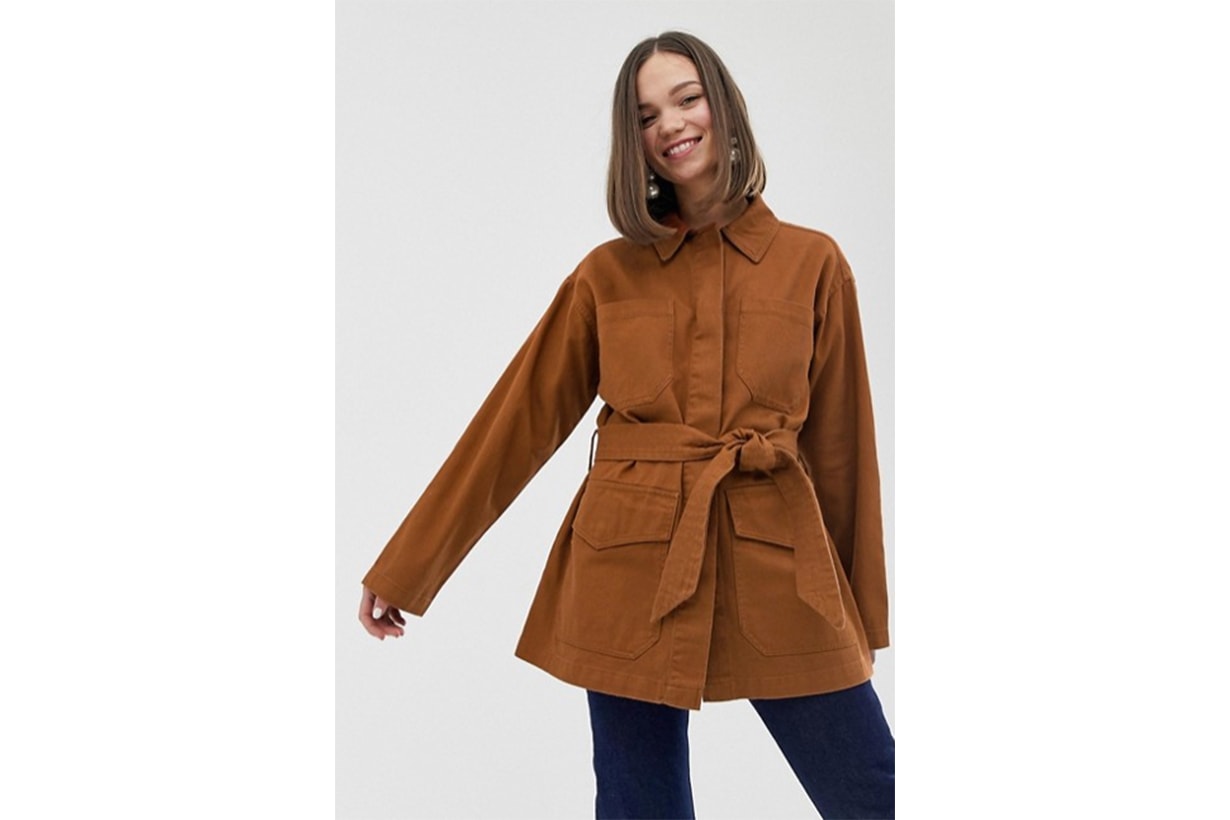 Monki Denim Belted Jacket with Oversized Pockets in Rust