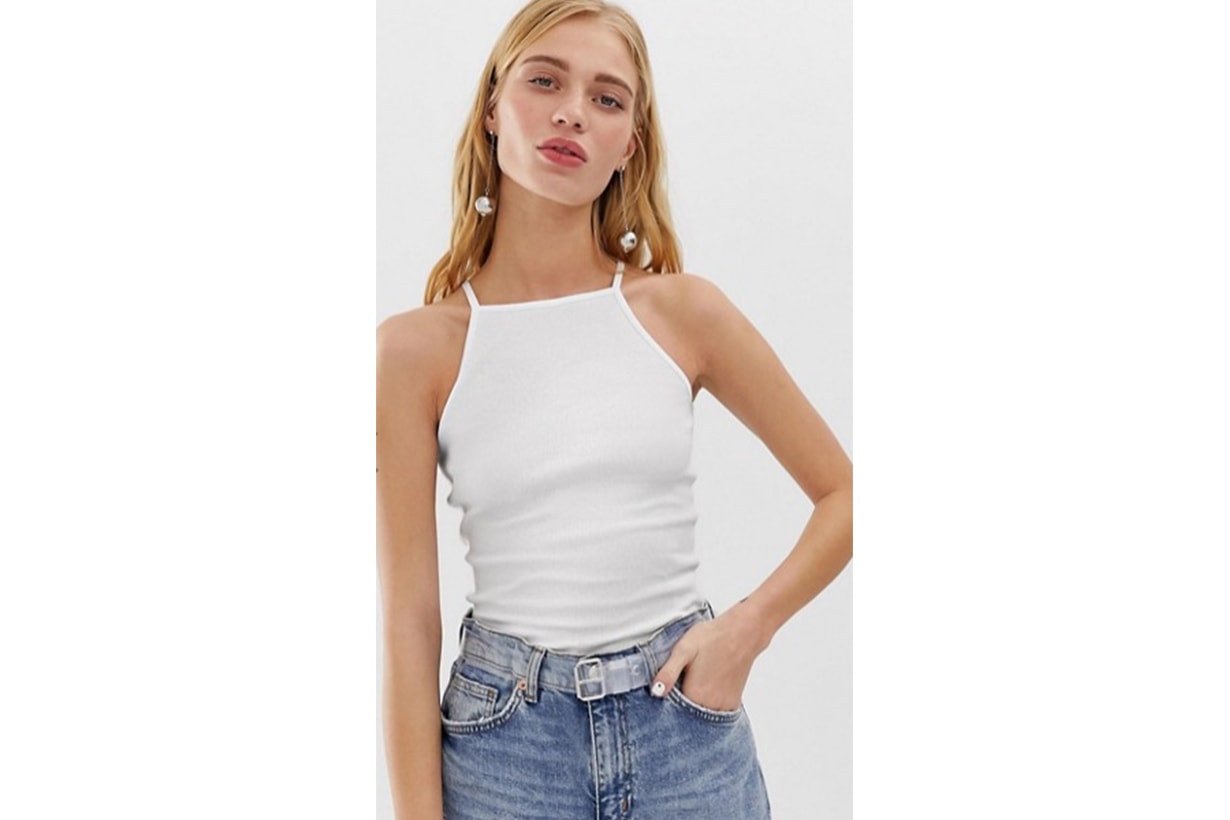 Monki Organic Cotton Ribbed Spaghetti Strap Singlet in White