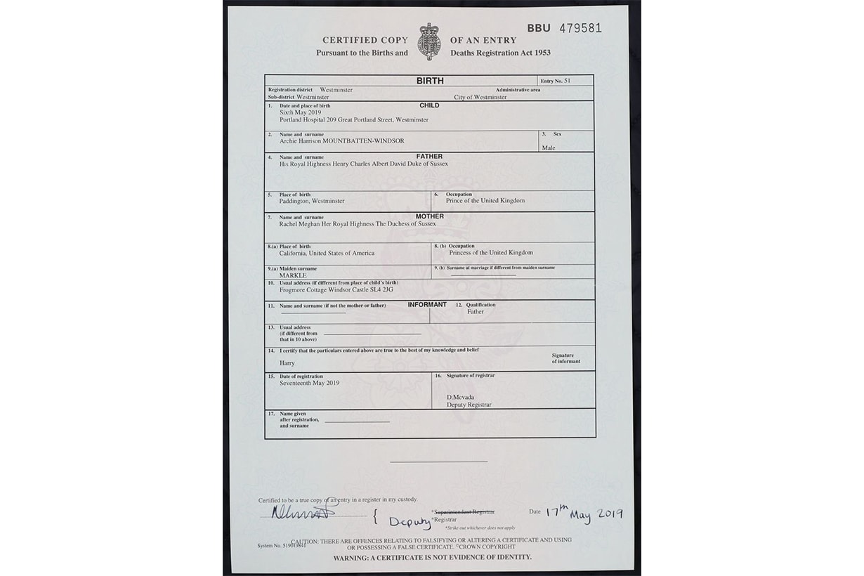 Archie Mountbatten-Windsor’s birth certificate Meghan Markle Princess