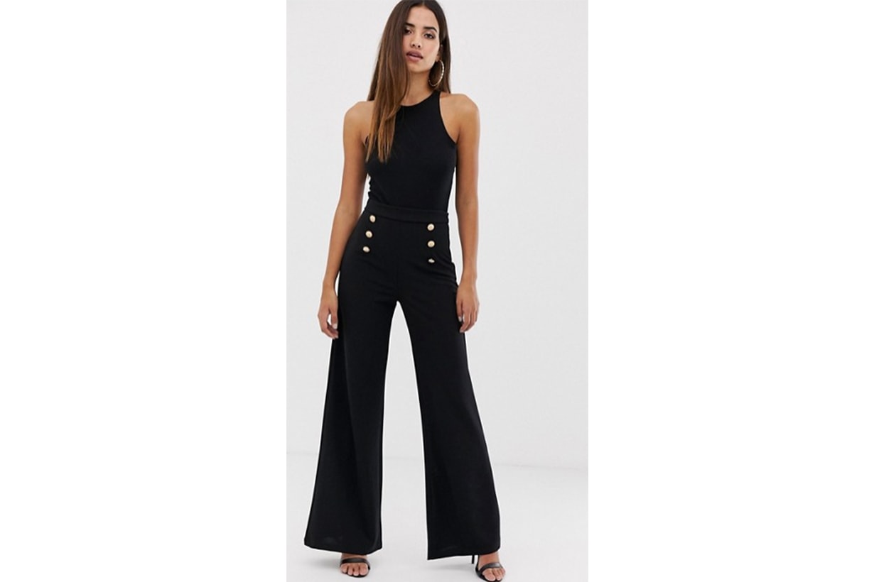 Boohoo Button Detail Wide Leg Trouser in Black