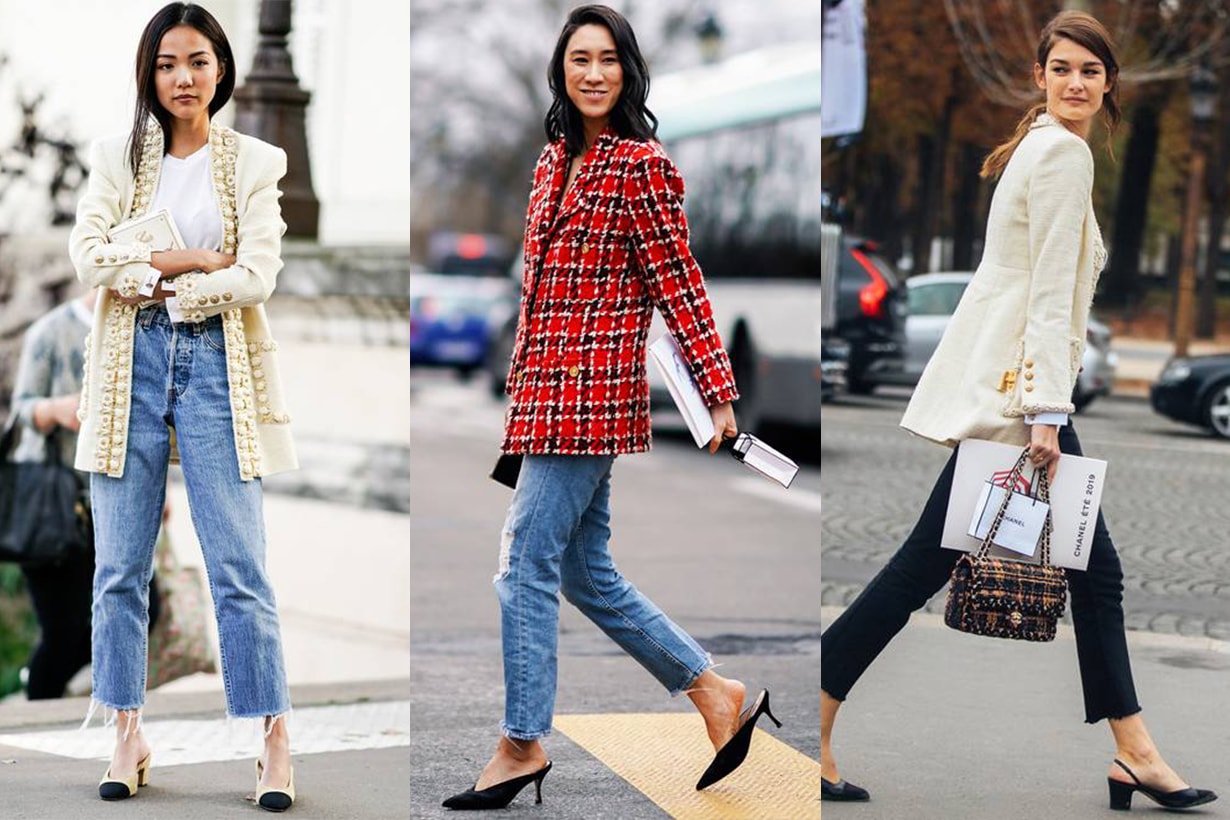 Tweed Jacket Jeans Heels Street Style