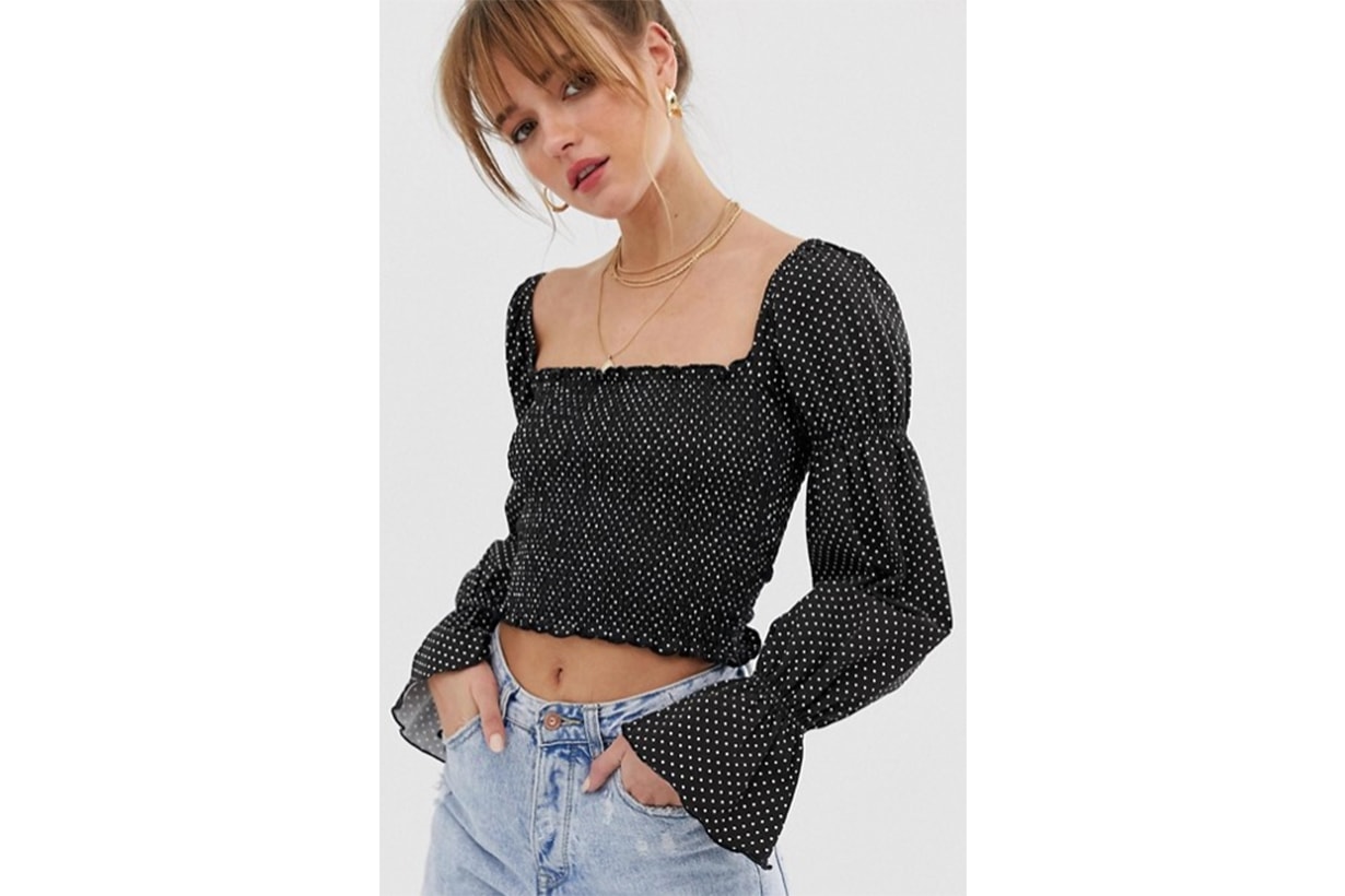 Glamorous Ruched Crop Top with Long Sleeves in Mini Spot