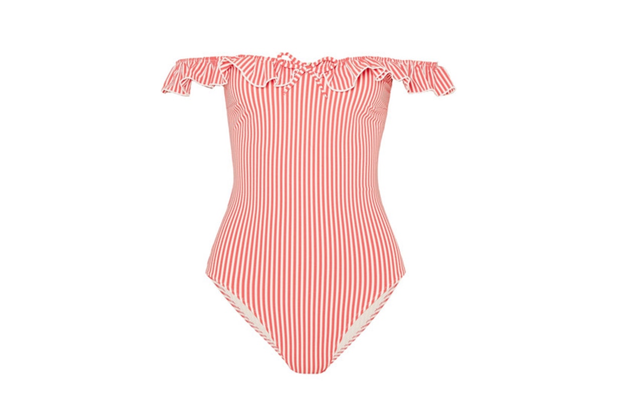 The Amelia Off-The-Shoulder Ruffle-Trimmed Seersucker Swimsuit