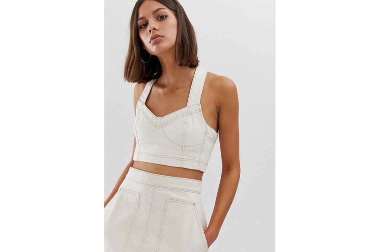 Weekday Co-ord Denim Crop Top with Contrast Stitching in Ecru