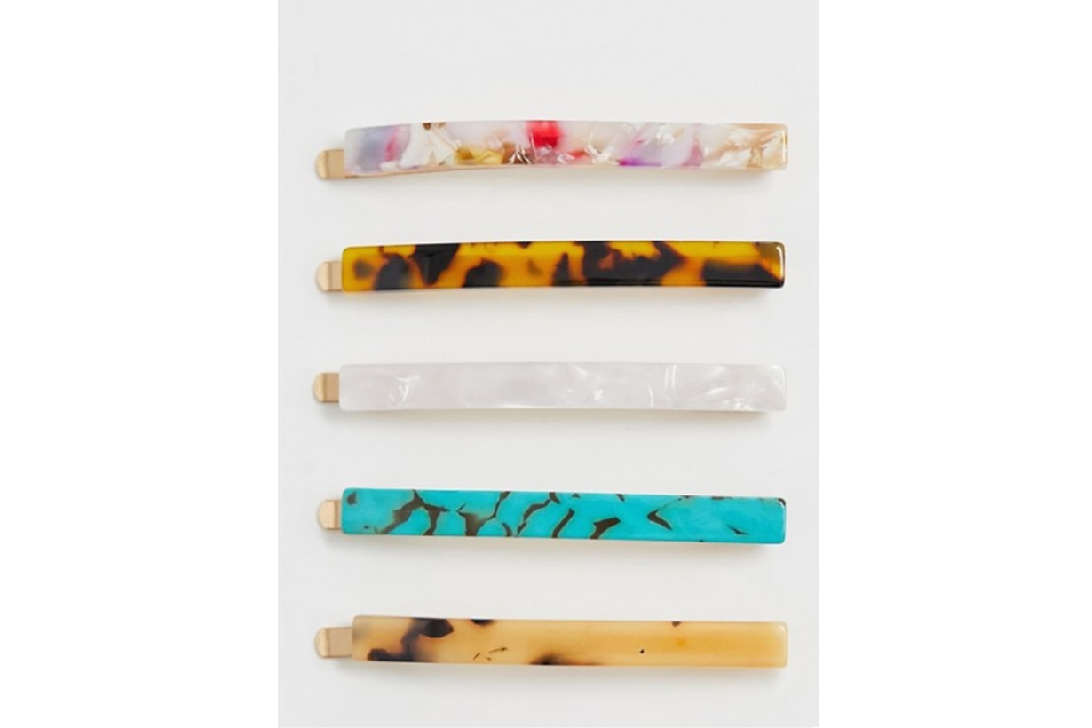 ASOS DESIGN pack of 5 hair clips in long rectangle shape in mixed resins
