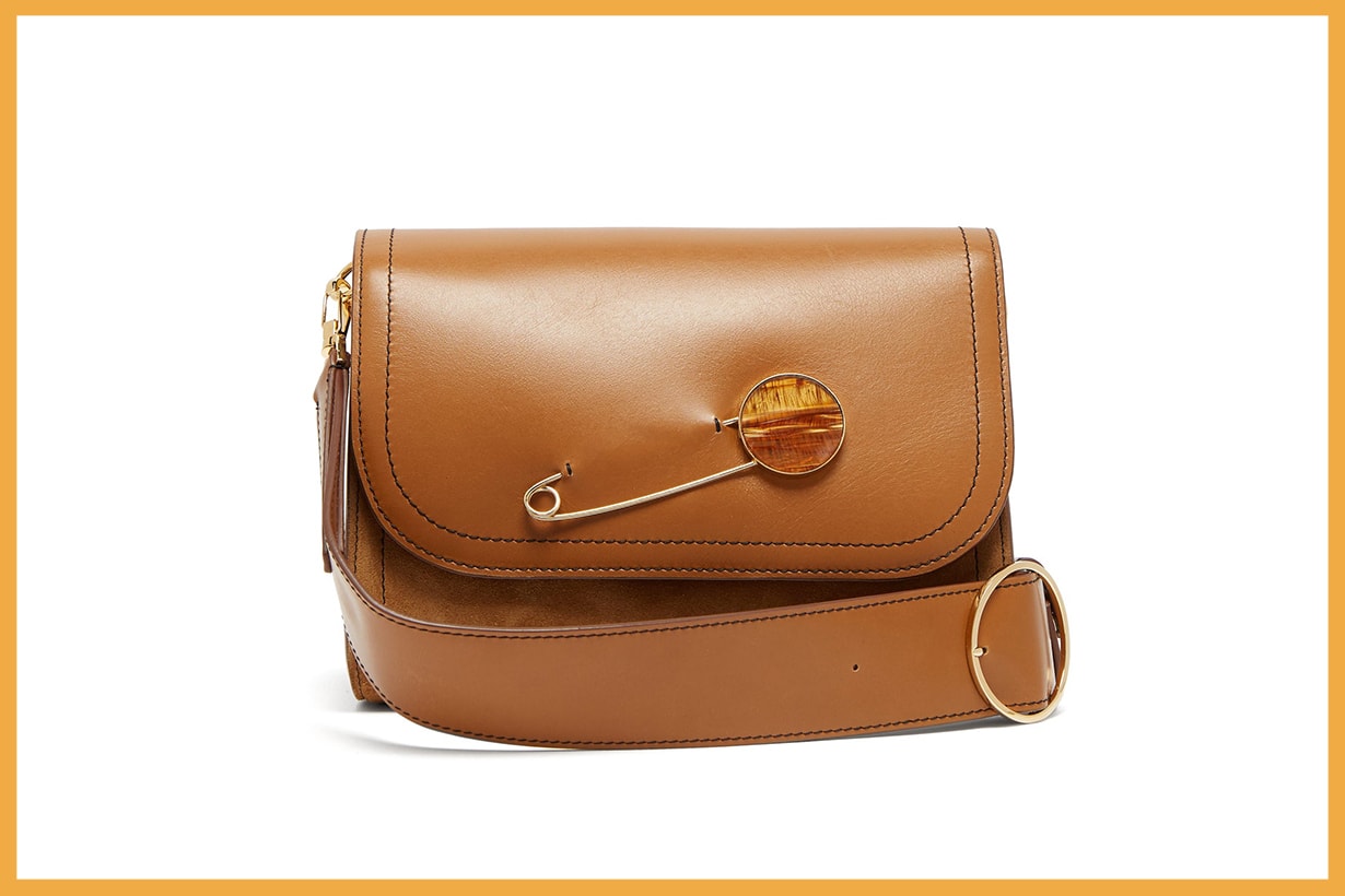 Safety Pin-Embellished Leather Shoulder Bag