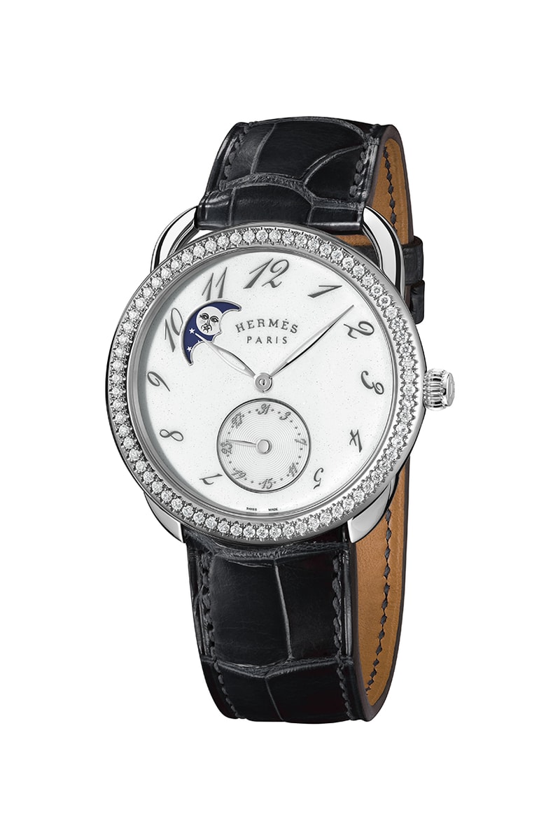 Hermes Arceau Petite lune with diamonds black alligator strap
