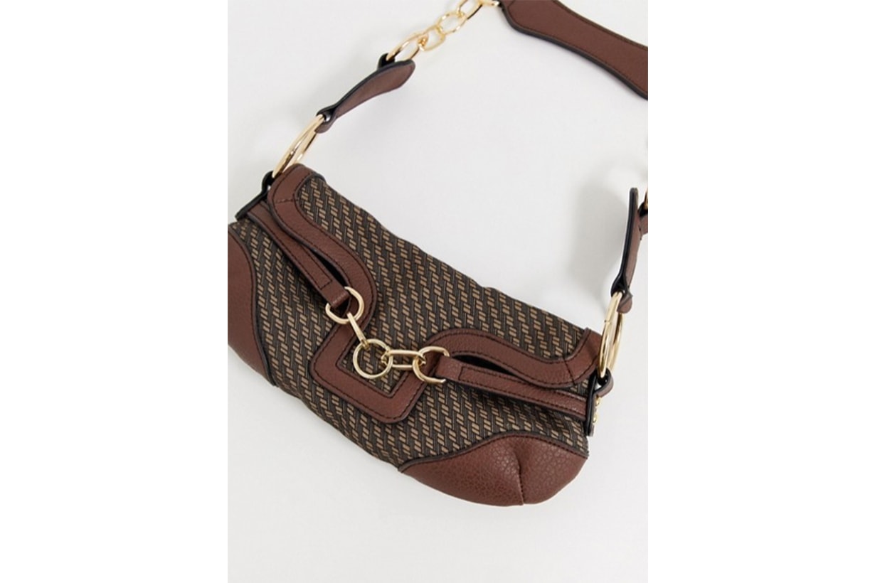 ASOS DESIGN 90s Shoulder Bag in Monogram with Hardware Detail