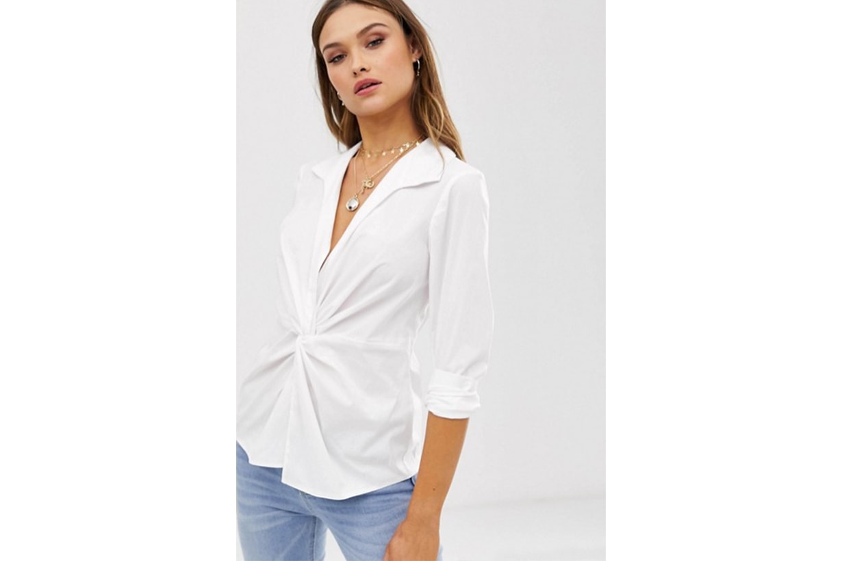 ASOS DESIGN Long Sleeve Plunge Shirt with Knot Front in Cotton Poplin