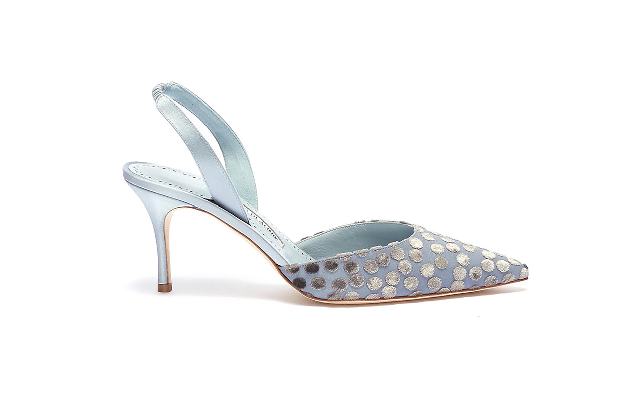 Manolo Blahnik 70 Velvet Polka Dot Satin Slingback Pumps