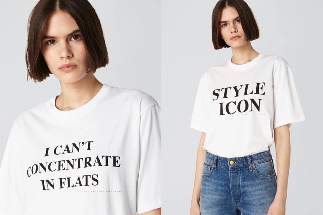 Victoria Beckham White Tee “I Can’t Concentrate In Flats”, “Style Icon”