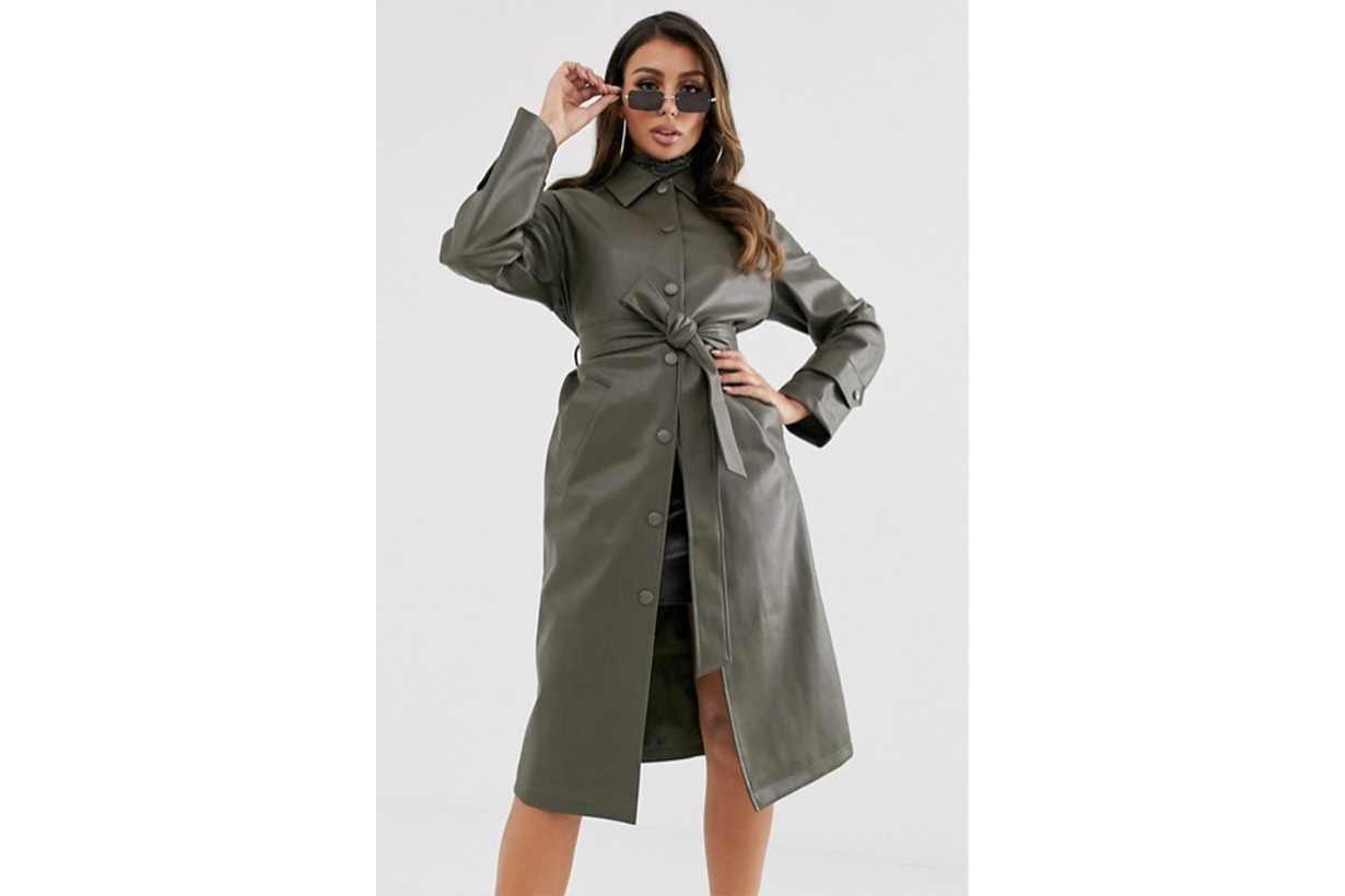 ASOS DESIGN Leather Look Trench Coat in Khaki