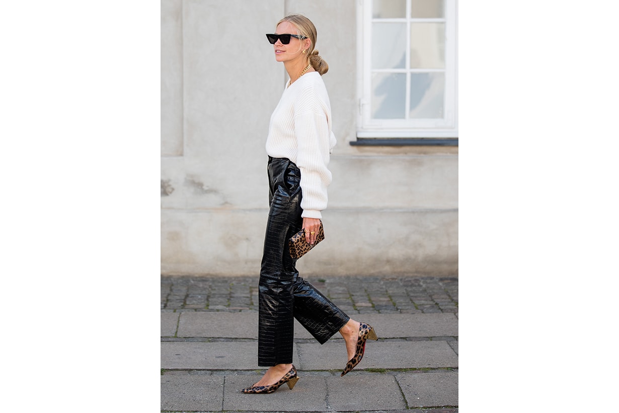 White Sweater Black Patent Leather Pants