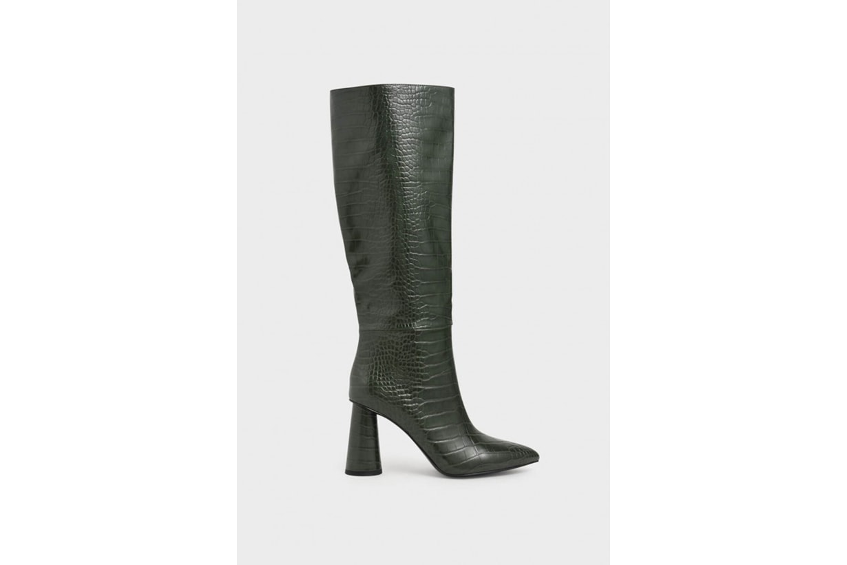 Croc-Effect Knee High Heeled Boots