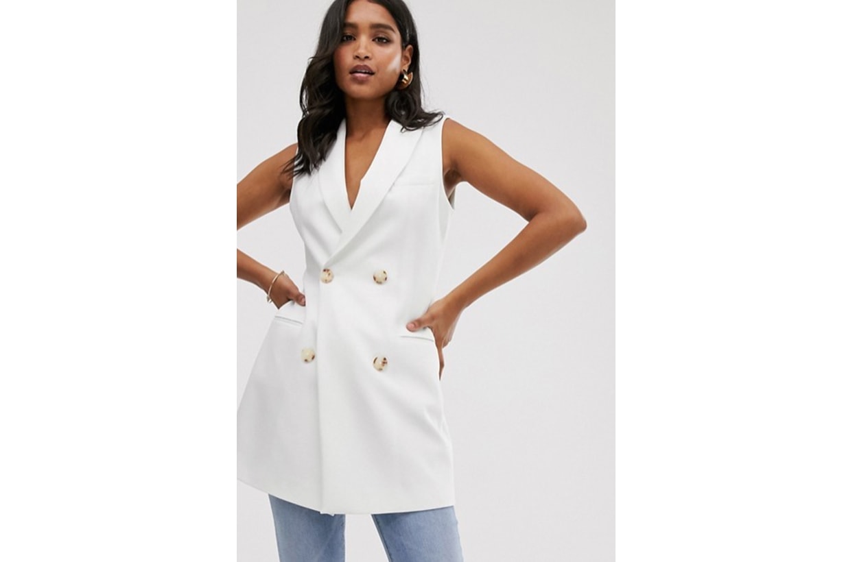 Stradivarius Double Breasted Waistcoat Blazer Dress in White