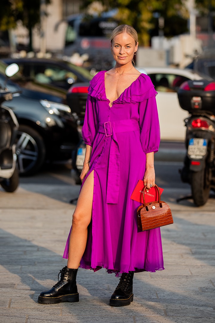 Purple Dress with Mr Martens Boots Street Style
