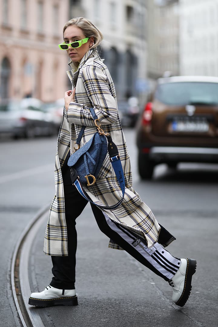 Checked Coat with White Dr Martens Boots Street Style