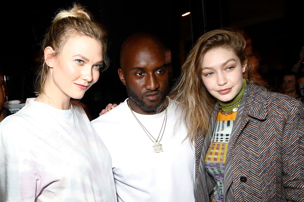 Karlie Kloss, Virgil Abloh and Gigi Hadid attend the launch of Evian and Virgil Abloh’s limited-edition “One Drop can make a Rainbow” collection at Theatre National de Chaillot