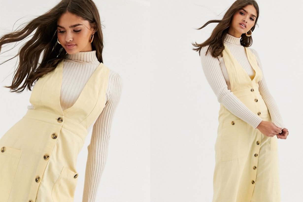 Warehouse Linen Button Front Pinafore Midi Dress in Lemon