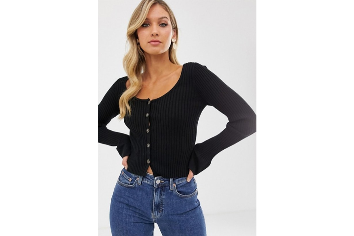 ASOS DESIGN Scoop Neck Cardigan in Skinny Rib with Buttons