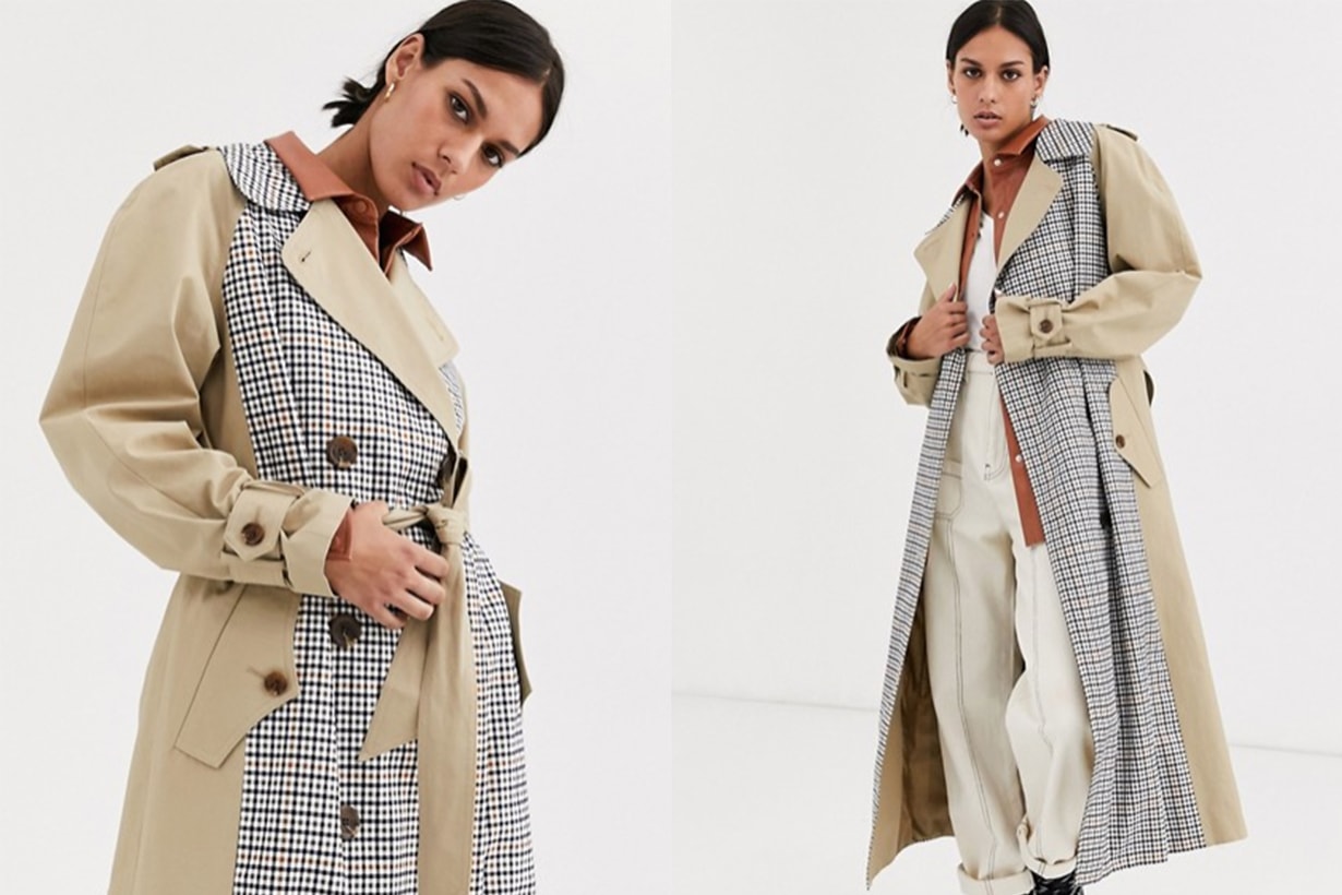 ASOS DESIGN trench coat with check splicing