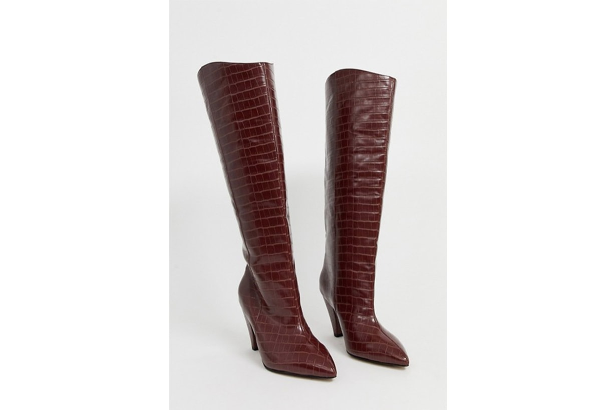 ASOS DESIGN Wide Fit Cherry Pull On Knee boots in Brown Croc