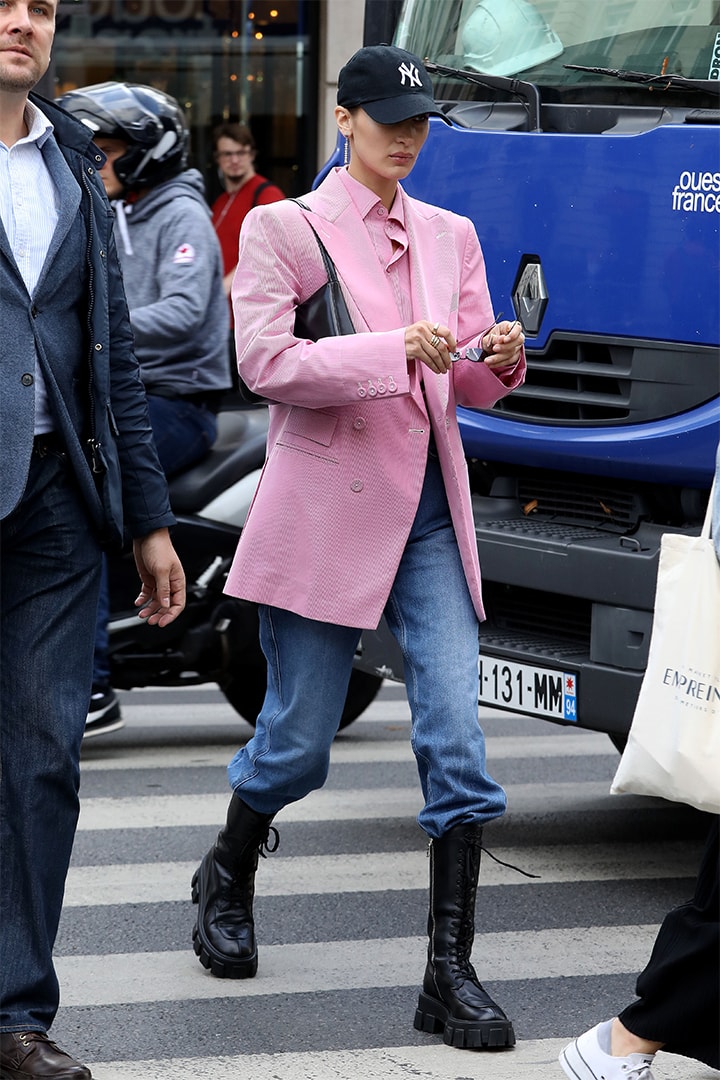 Bella Hadid Pink Blazer with jeans look