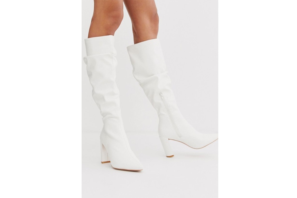 Boohoo Exclusive Knee High Boots with Block Heel in White