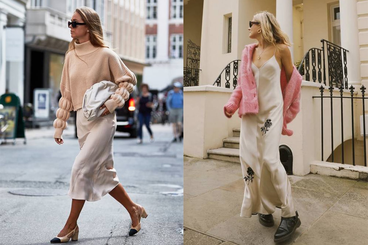 Knitwear and Slip dress Street Style