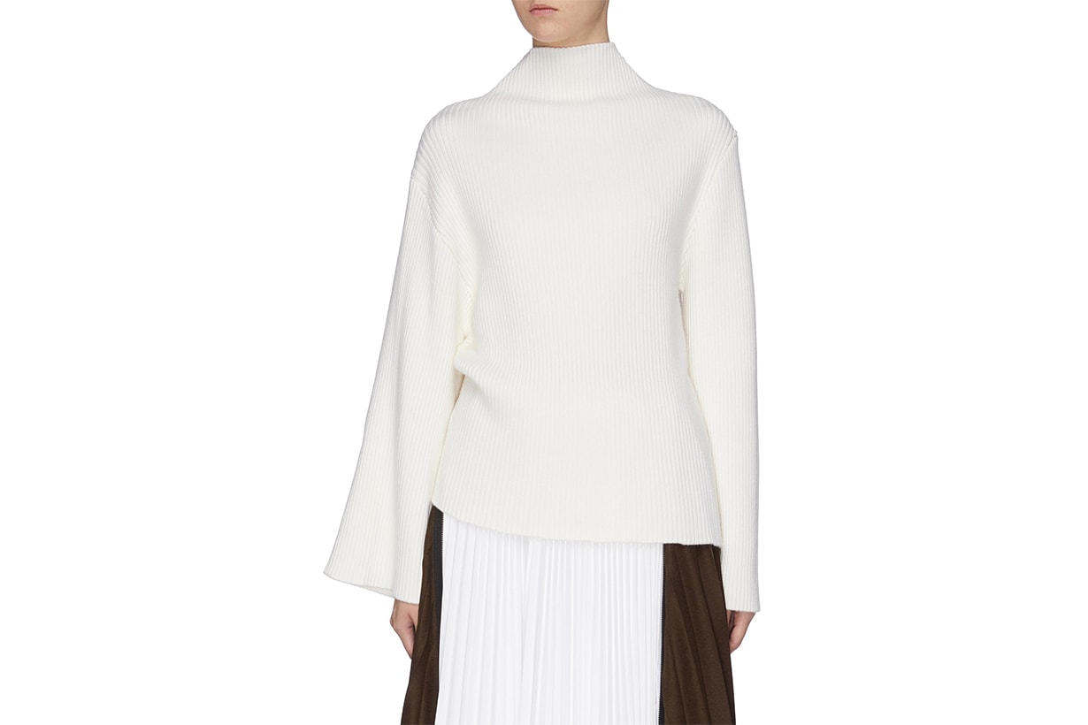 Asymmetric Sleeve Wool Rib Knit Turtleneck Sweater