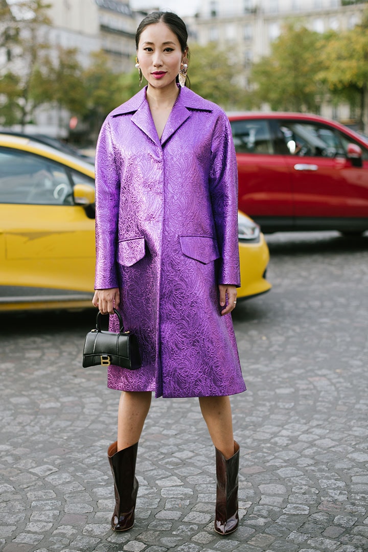 Balenciaga bag purple coat street style