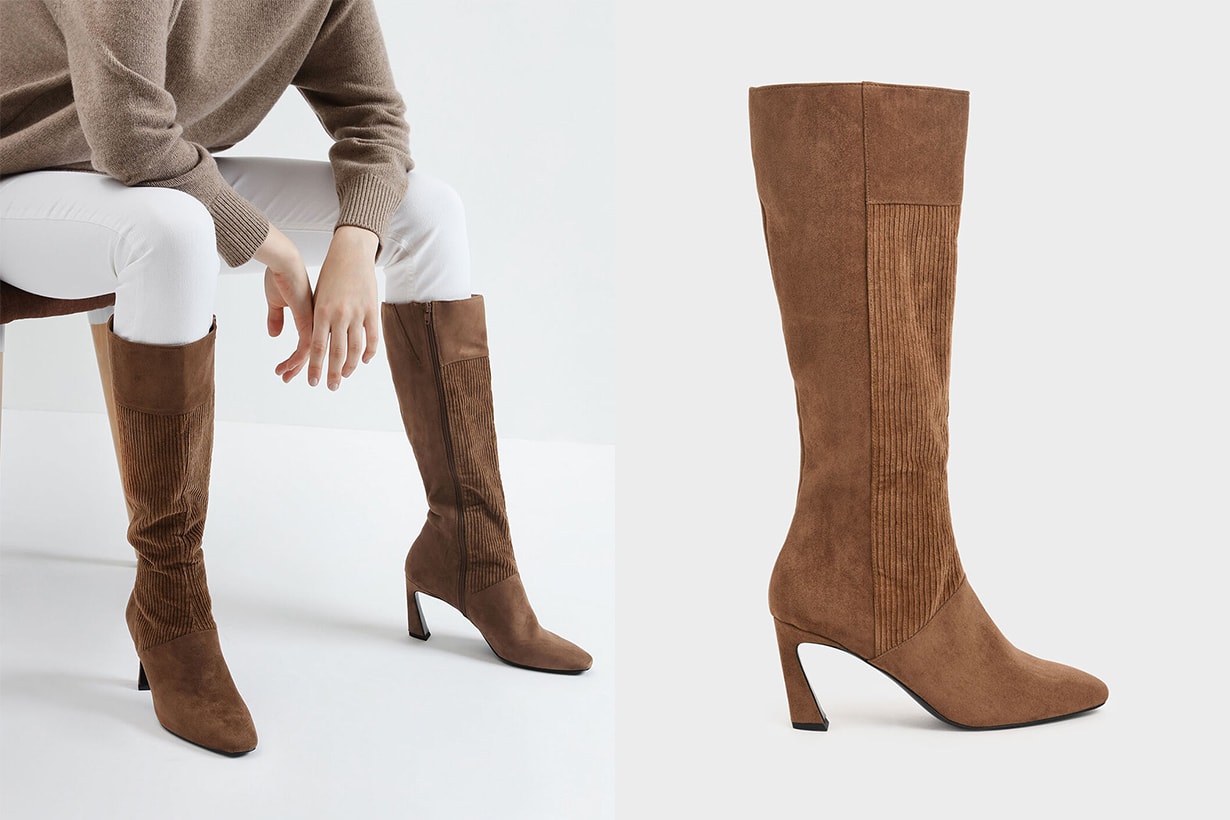 Corduroy Sculptural Heel Knee High Boots