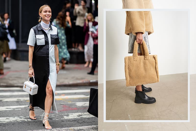 Pernille Teisbaek wearing two tone black white dress, sandals and white bag seen outside Gabriela Hearst during New York Fashion Week