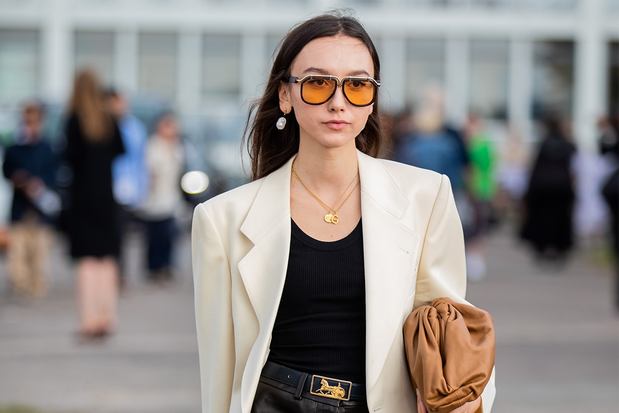 Beatrice Gutu is seen wearing creme white blazer, black leather skirt outside Cecilie Bahnsen during Copenhagen Fashion Week Spring/Summer 2020