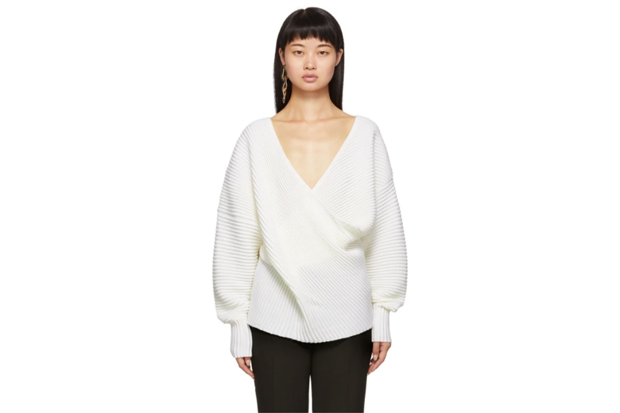 Victoria Victoria Beckham White Drape Front V-Neck Sweater