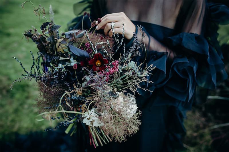 black wedding dress dark style wedding Lydia Pang and Roo Williams