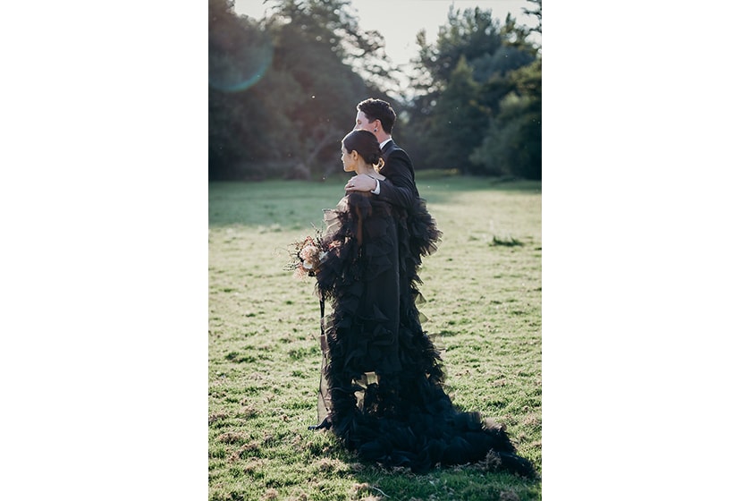 black wedding dress dark style wedding Lydia Pang and Roo Williams