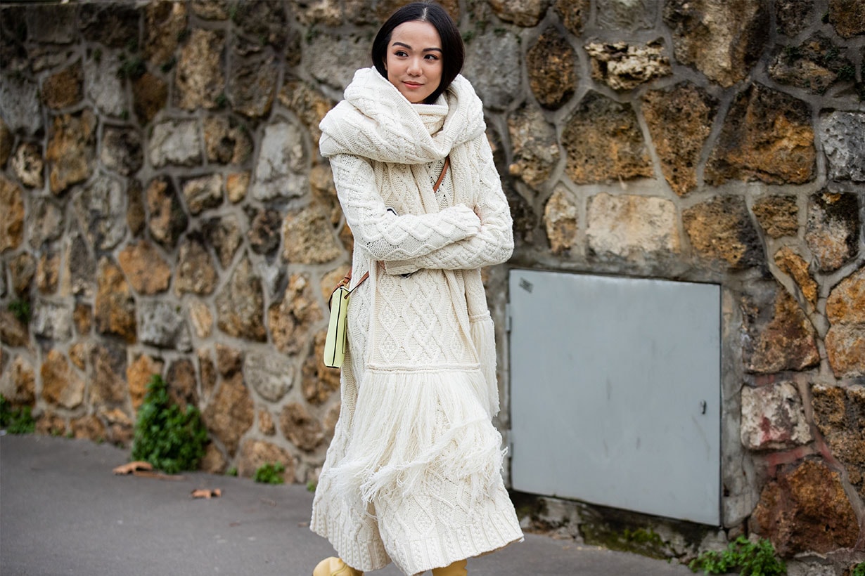 Yoyo Cao is seen wearing knitted skirt and jumper outside Loewe during Paris Fashion Week - Womenswear Fall/Winter 2020/2021 : Day Five on February 28, 2020 in Paris, France.
