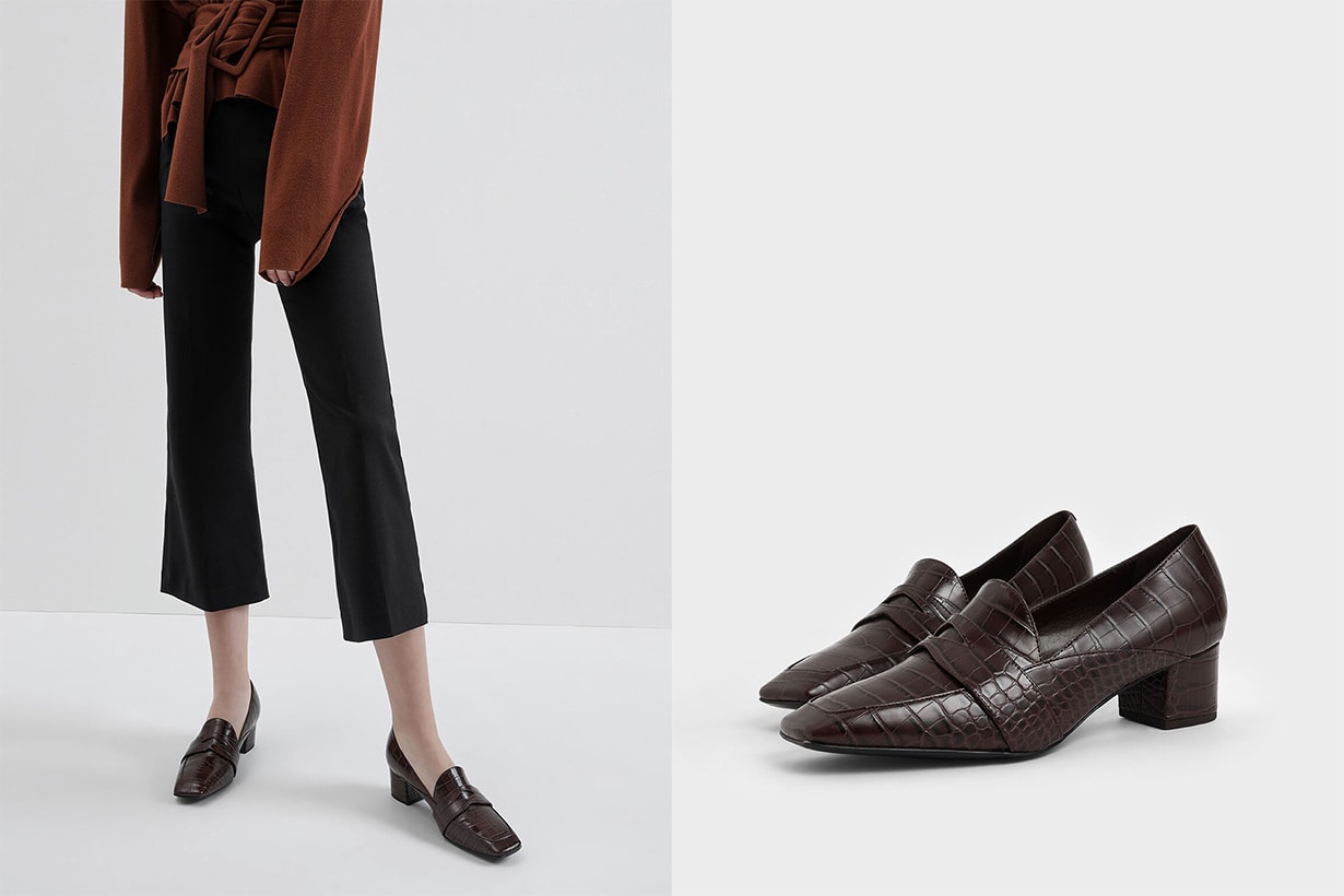 Croc-Effect Square Toe Block Heel Loafers