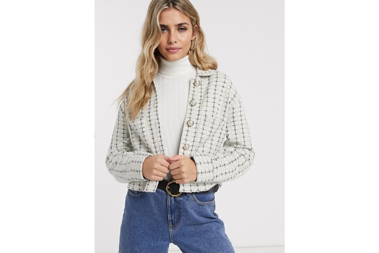 Miss Selfridge Boucle Blazer with Faux Pearl Buttons in Ivory