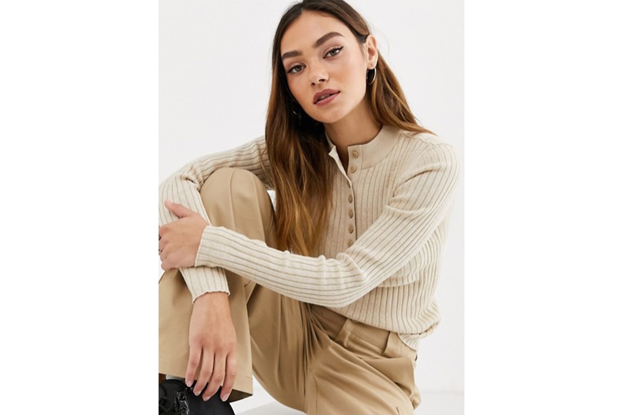 Monki Ribbed Button-down Long Sleeve Jumper in Beige