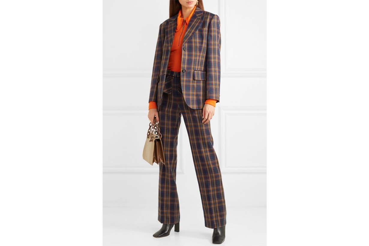 Paneled Faux Leather and Checked Twill Blazer