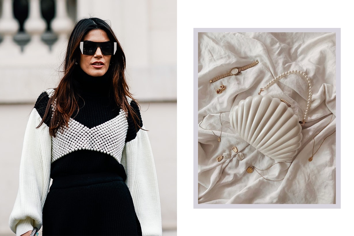 Asena Saribatur wears sunglasses, a black dress with white puff sleeves, a pearl beaded crop top, outside Issey Miyake, during Paris Fashion Week Womenswear Fall/Winter 2019/2020