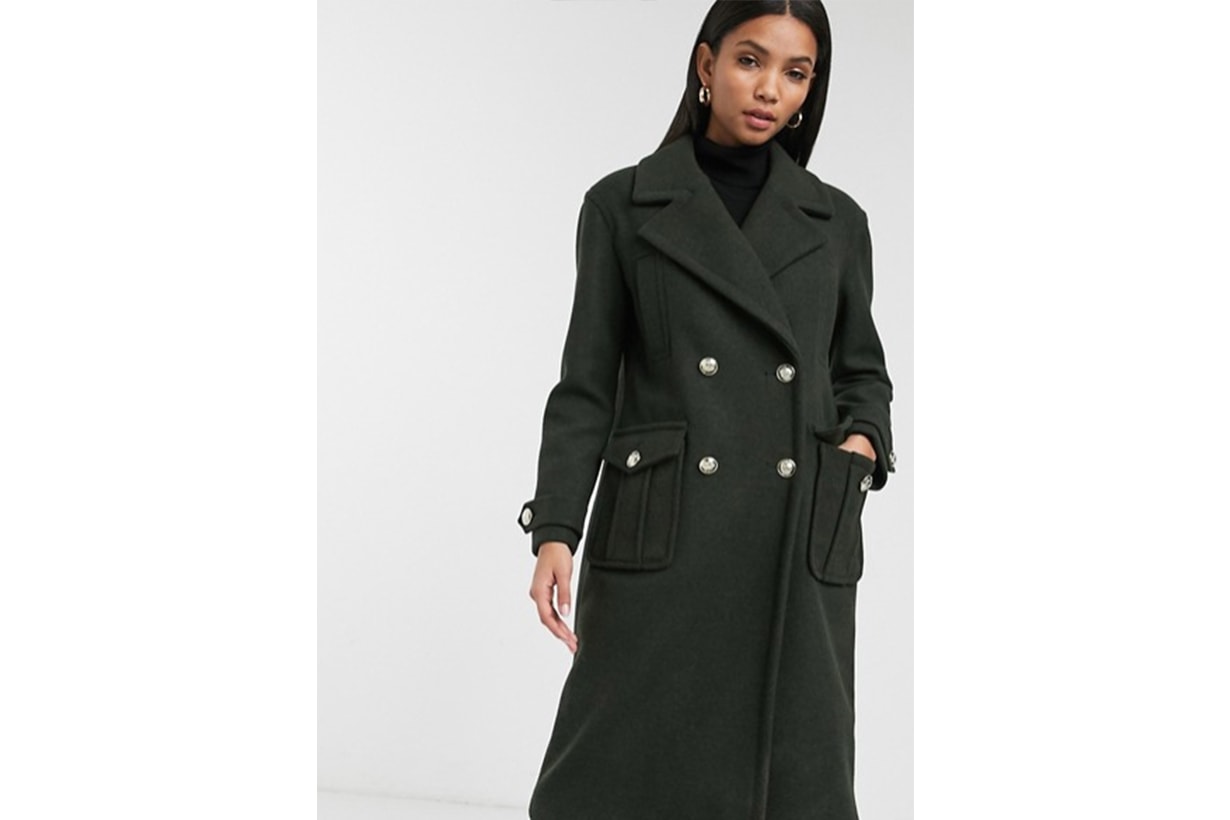 River Island Double Breasted Military Style Coat in Khaki