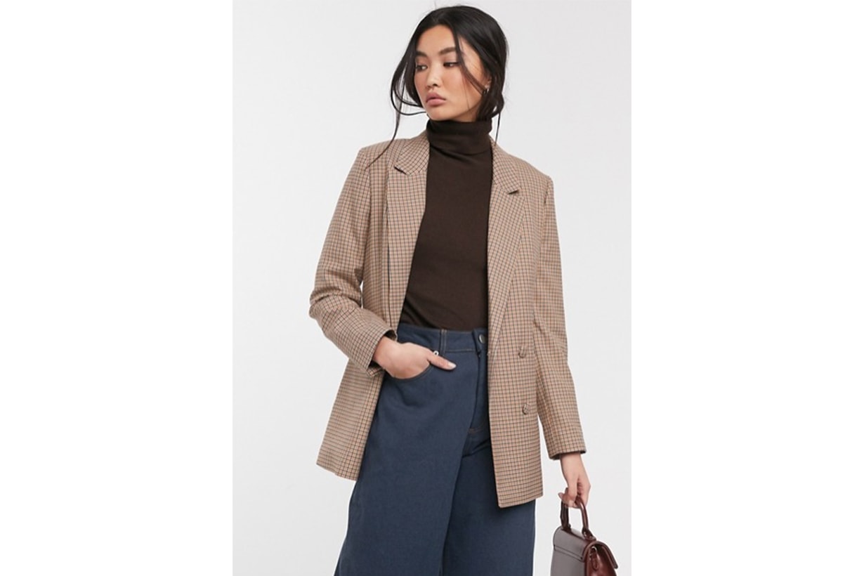 Selected Femme Double Breasted Blazer in Tan Check