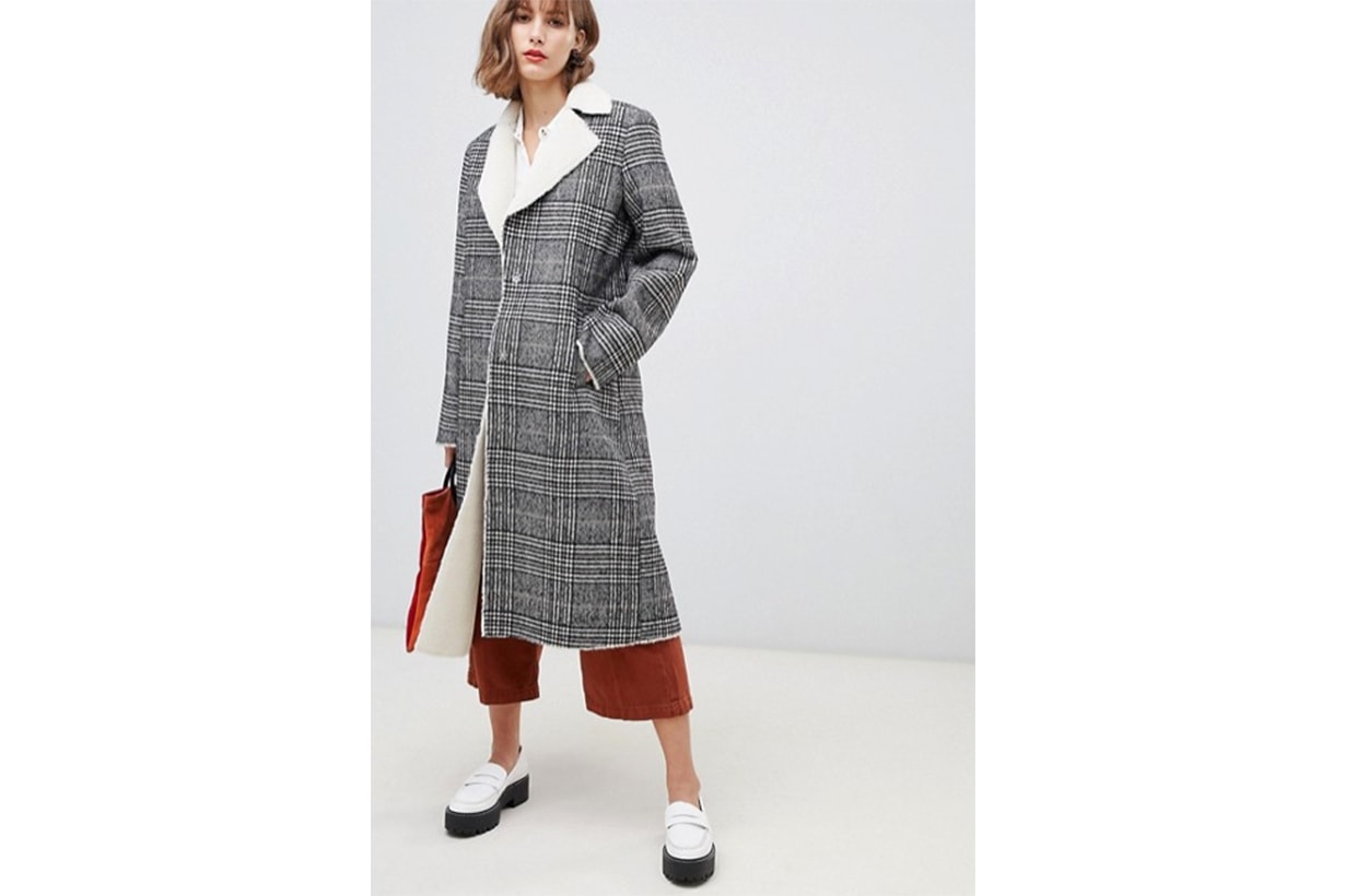 Stradivarius Contrast Shearling Long Line Coat in Check Print